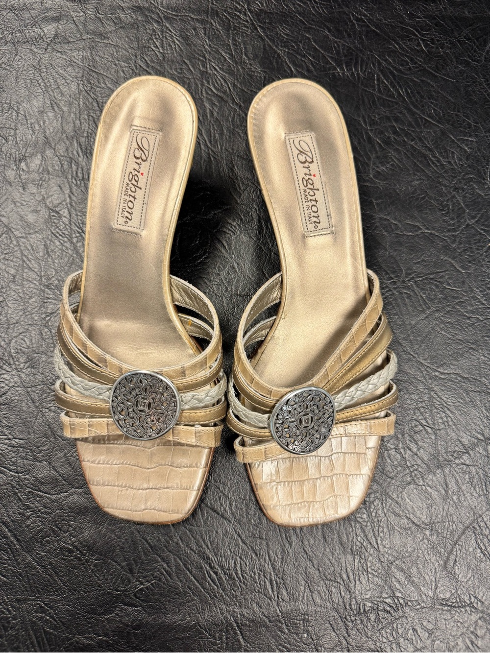 Brighton Gold-tone Braided Medallion Slide Heels